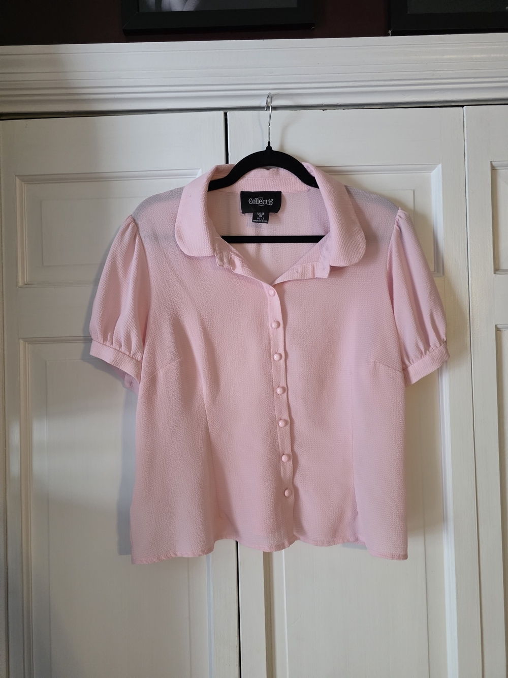Collectif London Pink Puff Sleeve Button Front Blouse Top XL US 12 Coquette
